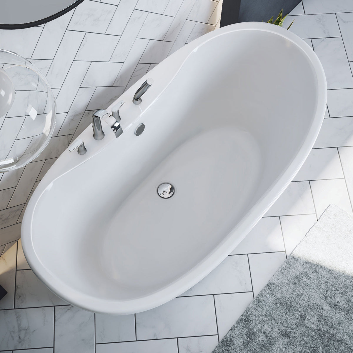 Montego 60 inch freestanding acrylic bathtub in gloss white, shown in a styled setting