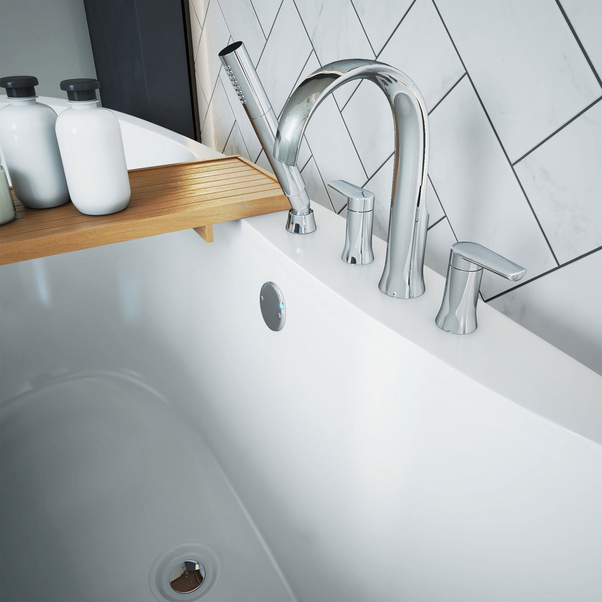 Montego 60 inch freestanding acrylic bathtub in gloss white, shown in a styled setting