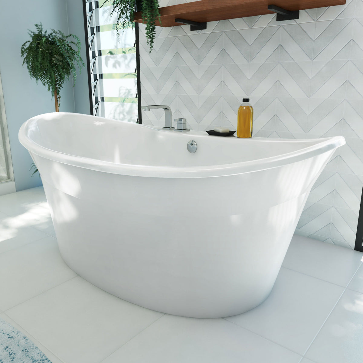 Montego 66 inch freestanding acrylic bathtub in gloss white, shown in a styled setting