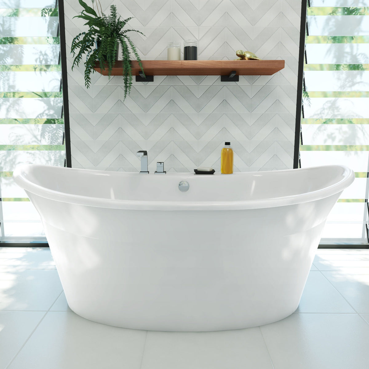 Montego 66 inch freestanding acrylic bathtub in gloss white, shown in a styled setting