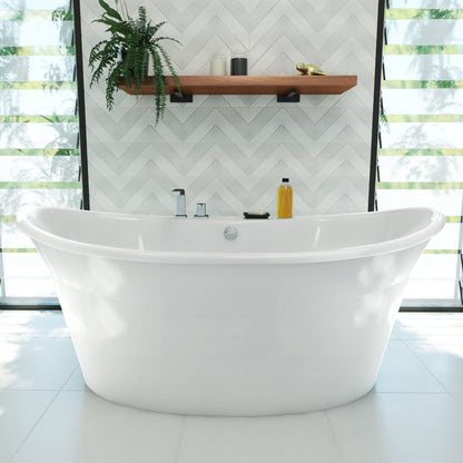 Montego 66 inch freestanding acrylic bathtub in gloss white, shown in a styled setting