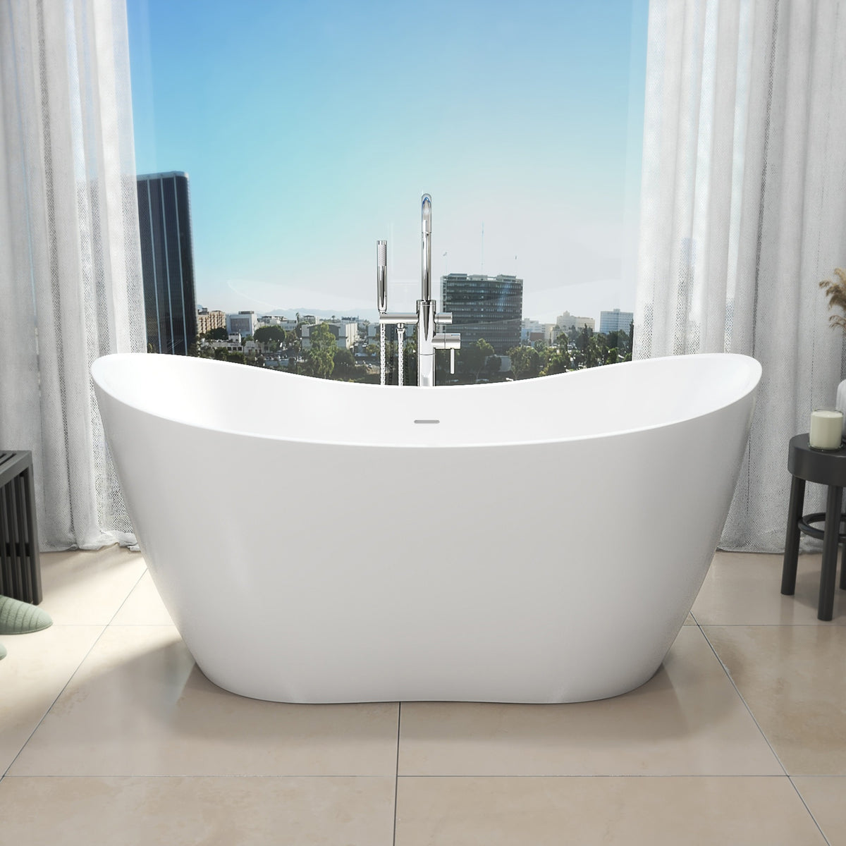 Nile 67 inch freestanding acrylic bathtub in gloss white with Oil Rubbed Bronze drain, shown in a styled setting