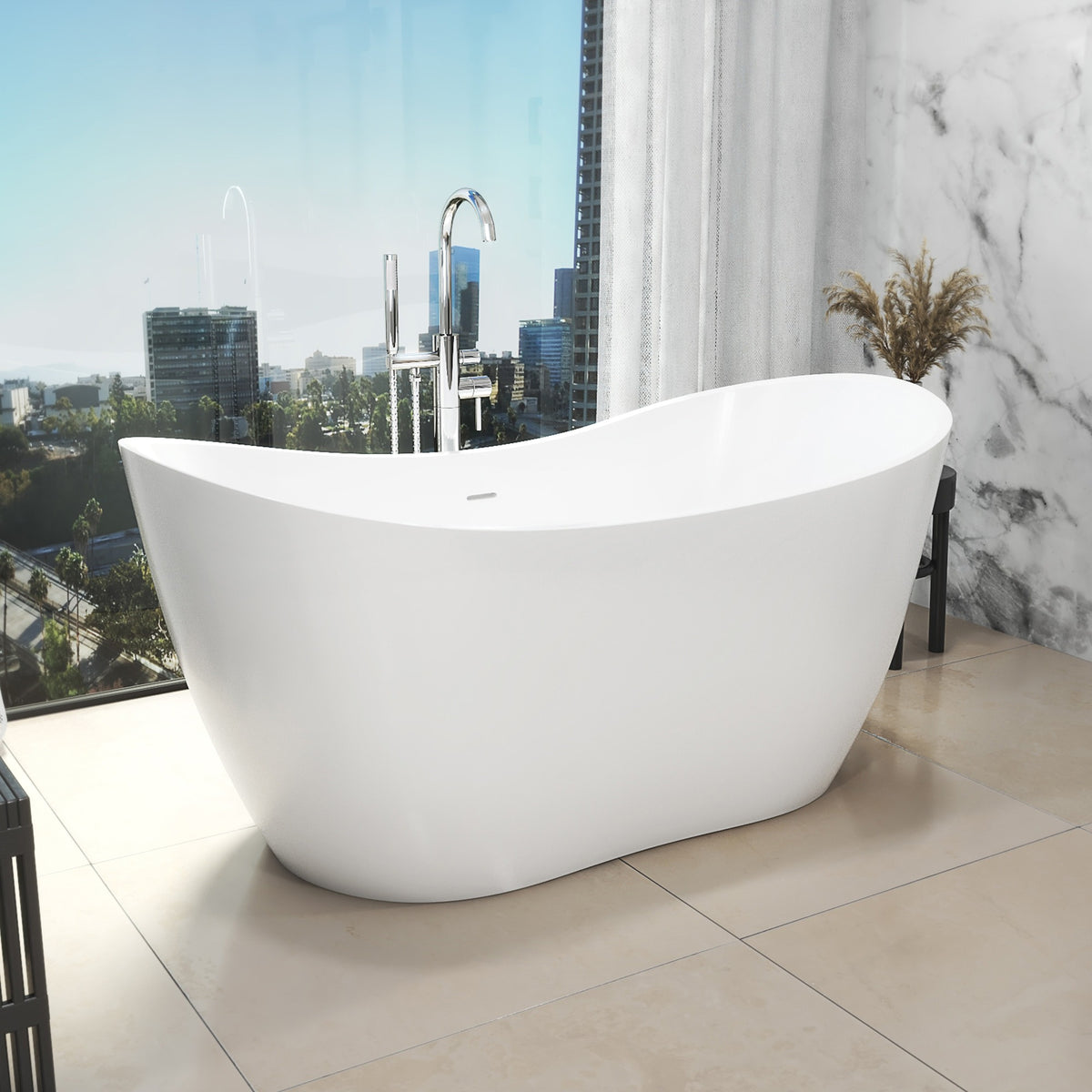 Nile 71 inch freestanding acrylic bathtub in gloss white with Matte Black drain, shown in a styled setting