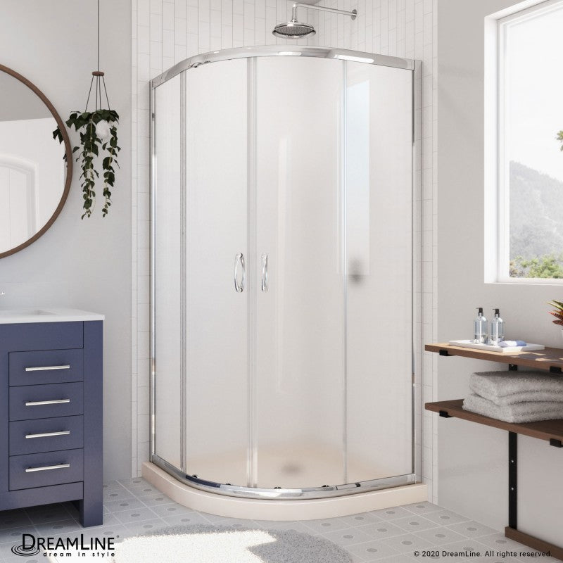 Prime Semi-Frameless Corner Enclosure Center Sliding Shower Door Kit with Biscuit Shower Base Pan and Corner Drain