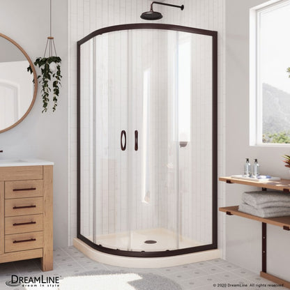 Prime Semi-Frameless Corner Enclosure Center Sliding Shower Door Kit with Biscuit Shower Base Pan and Corner Drain