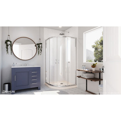 Prime Semi-Frameless Corner Enclosure Center Sliding Shower Door Kit with Biscuit Shower Base Pan and Corner Drain