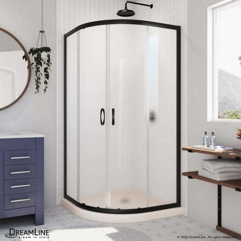 Prime Semi-Frameless Corner Enclosure Center Sliding Shower Door Kit with Biscuit Shower Base Pan and Corner Drain