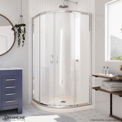 Prime Semi-Frameless Corner Enclosure Center Sliding Shower Door Kit with Biscuit Shower Base Pan and Corner Drain