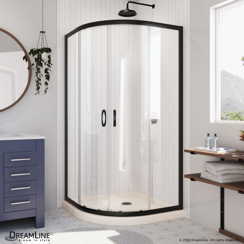 Prime Semi-Frameless Corner Enclosure Center Sliding Shower Door Kit with Biscuit Shower Base Pan and Corner Drain