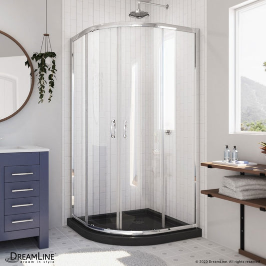 Prime Semi-Frameless Corner Enclosure Center Sliding Shower Door Kit with Black Shower Base Pan and Corner Drain
