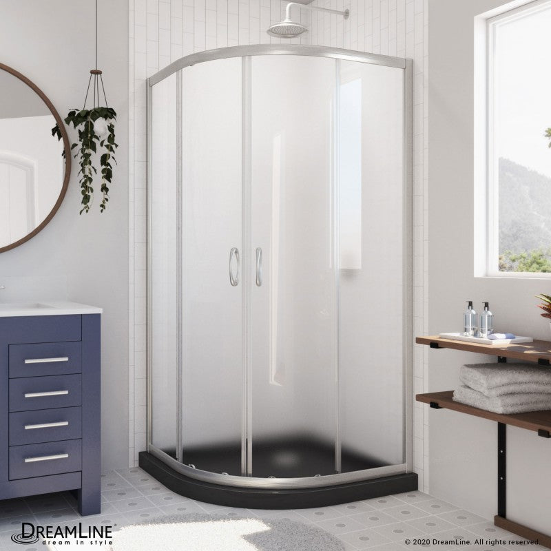 Prime Semi-Frameless Corner Enclosure Center Sliding Shower Door Kit with Black Shower Base Pan and Corner Drain