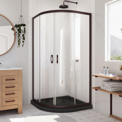 Prime Semi-Frameless Corner Enclosure Center Sliding Shower Door Kit with Black Shower Base Pan and Corner Drain