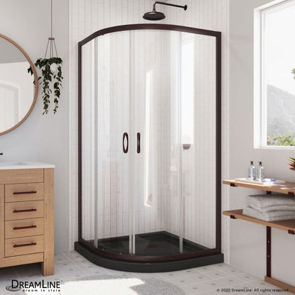 Prime Semi-Frameless Corner Enclosure Center Sliding Shower Door Kit with Black Shower Base Pan and Corner Drain