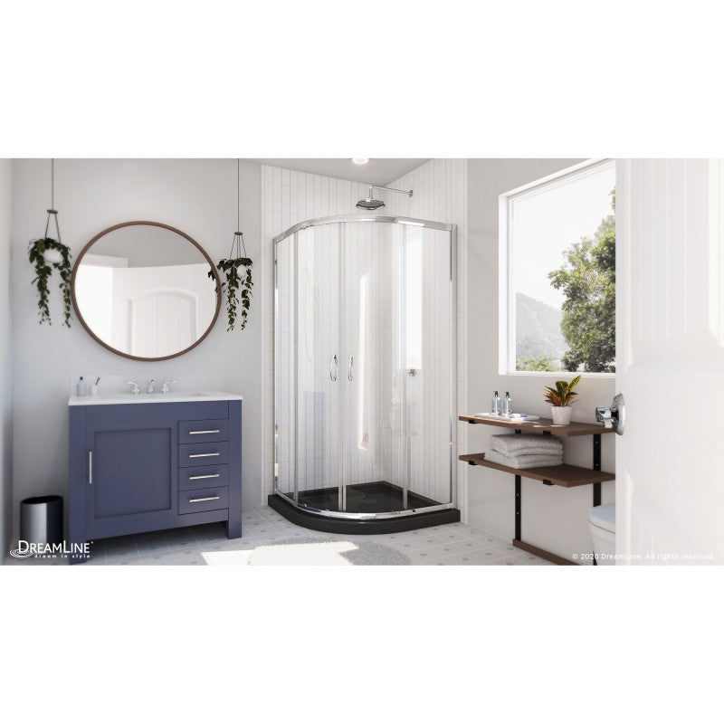Prime Semi-Frameless Corner Enclosure Center Sliding Shower Door Kit with Black Shower Base Pan and Corner Drain