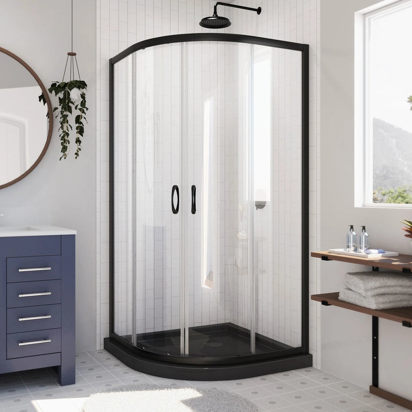 Prime Semi-Frameless Corner Enclosure Center Sliding Shower Door Kit with Black Shower Base Pan and Corner Drain