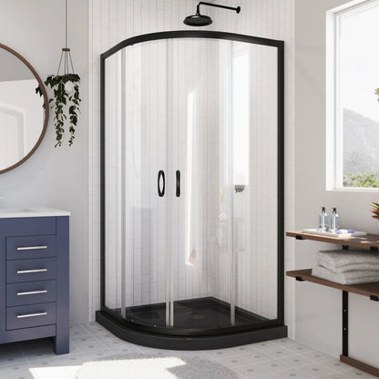Prime Semi-Frameless Corner Enclosure Center Sliding Shower Door Kit with Black Shower Base Pan and Corner Drain