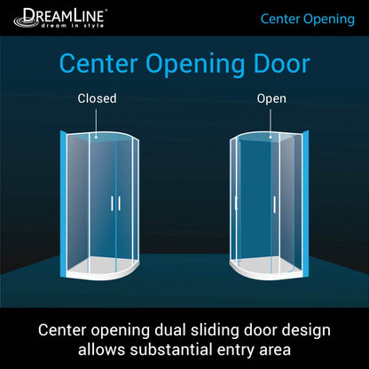 Prime Semi-Frameless Corner Enclosure Center Sliding Shower Door Kit with Black Shower Base Pan and Corner Drain