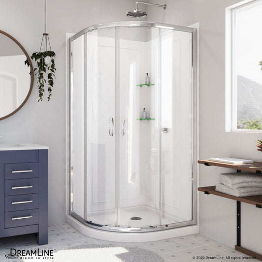 Prime Semi-Frameless Corner Enclosure Center Sliding Shower Door Kit with Diamond Style Wall and White Shower Base Pan and Corner Drain