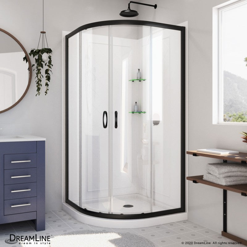 Prime Semi-Frameless Corner Enclosure Center Sliding Shower Door Kit with Diamond Style Wall and White Shower Base Pan and Corner Drain
