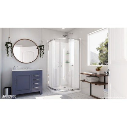Prime Semi-Frameless Corner Enclosure Center Sliding Shower Door Kit with Diamond Style Wall and White Shower Base Pan and Corner Drain