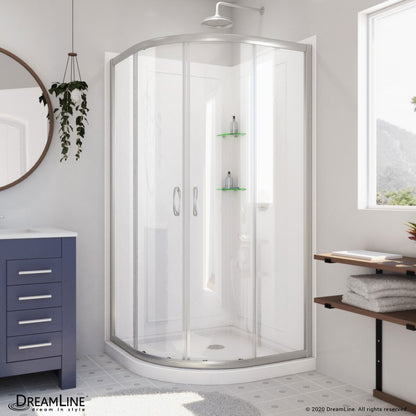 Prime Semi-Frameless Corner Enclosure Center Sliding Shower Door Kit with Diamond Style Wall and White Shower Base Pan and Corner Drain