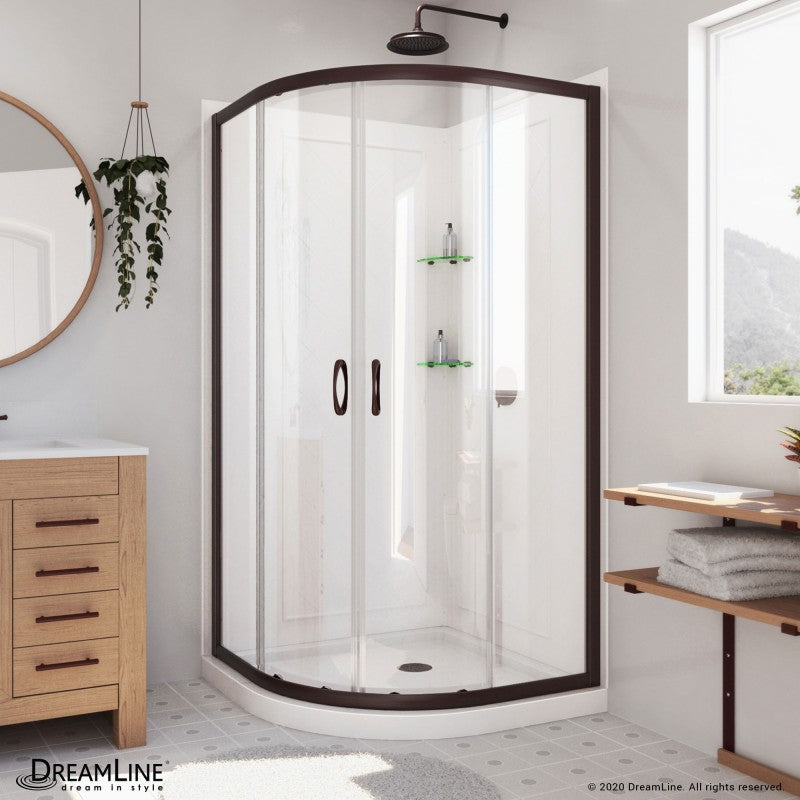 Prime Semi-Frameless Corner Enclosure Center Sliding Shower Door Kit with Diamond Style Wall and White Shower Base Pan and Corner Drain