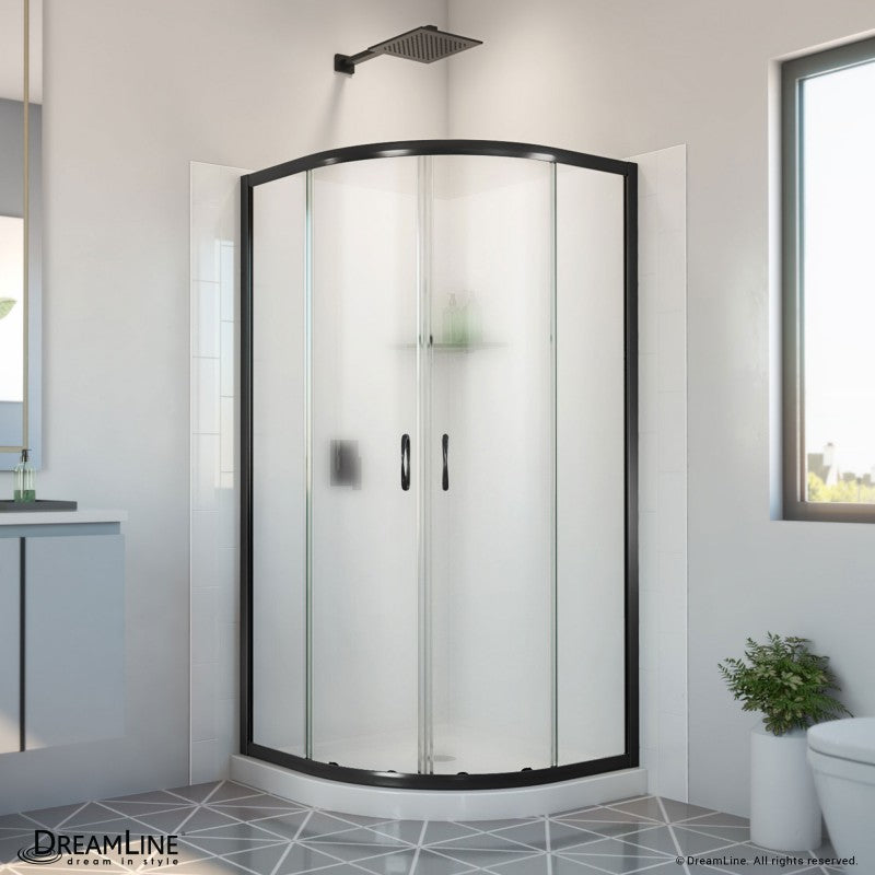 Prime Semi-Frameless Corner Enclosure Center Sliding Shower Door Kit with Subway Style Wall and White Shower Base Pan and Corner Drain