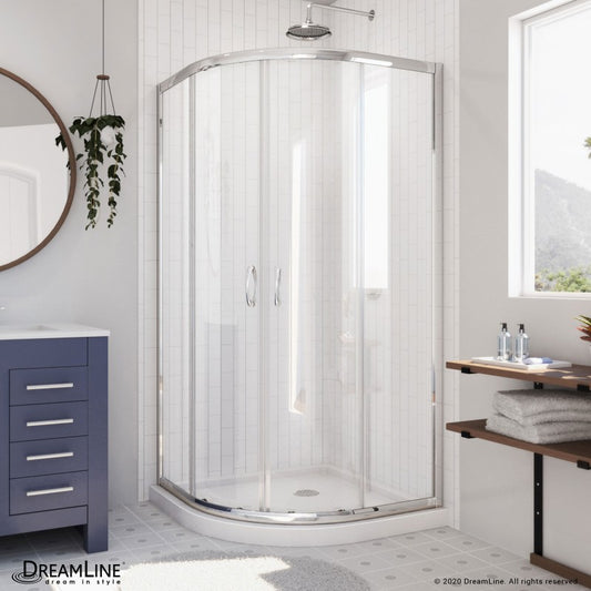 Prime Semi-Frameless Corner Enclosure Center Sliding Shower Door Kit with White Shower Base Pan and Corner Drain
