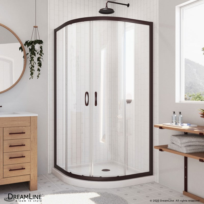 Prime Semi-Frameless Corner Enclosure Center Sliding Shower Door Kit with White Shower Base Pan and Corner Drain