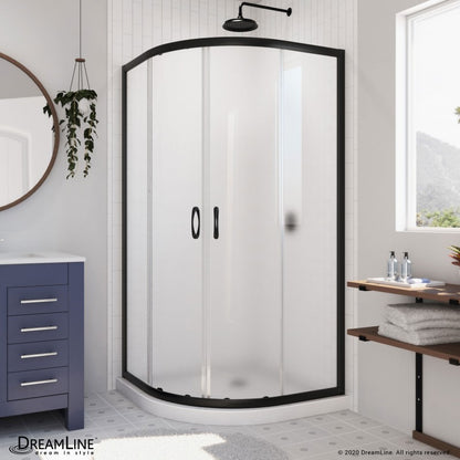 Prime Semi-Frameless Corner Enclosure Center Sliding Shower Door Kit with White Shower Base Pan and Corner Drain