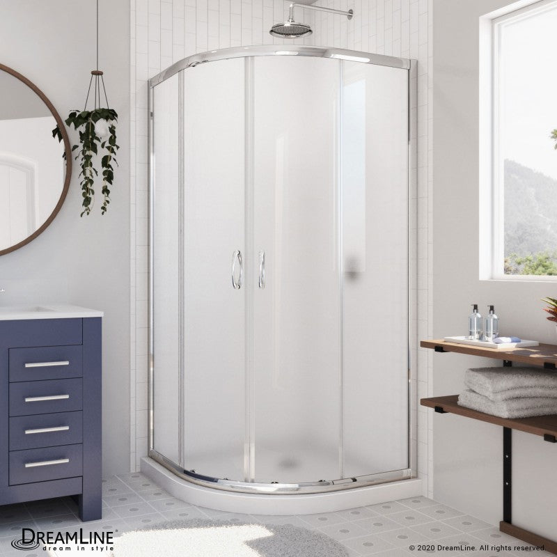 Prime Semi-Frameless Corner Enclosure Center Sliding Shower Door Kit with White Shower Base Pan and Corner Drain