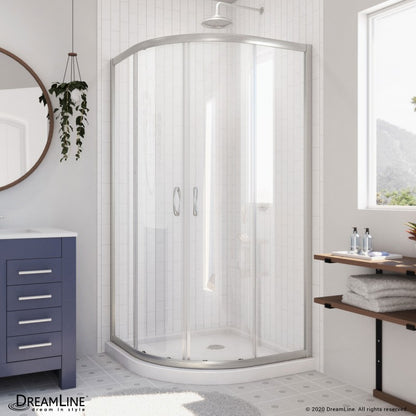 Prime Semi-Frameless Corner Enclosure Center Sliding Shower Door Kit with White Shower Base Pan and Corner Drain