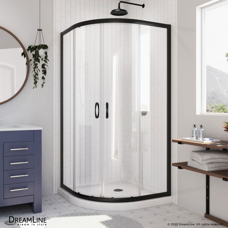Prime Semi-Frameless Corner Enclosure Center Sliding Shower Door Kit with White Shower Base Pan and Corner Drain