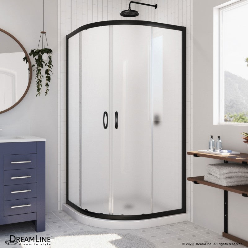 Prime Semi-Frameless Corner Enclosure Center Sliding Shower Door Kit with White Shower Base Pan and Corner Drain