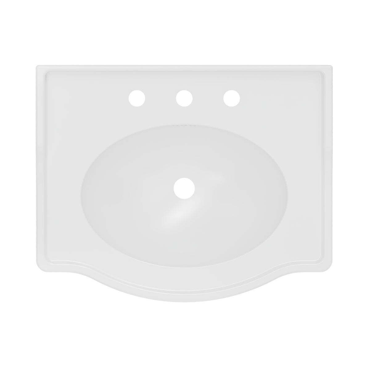 Prism 24 inch console bathroom sink in Brushed Nickel, top view of the basin and 8 inch widespread drilling