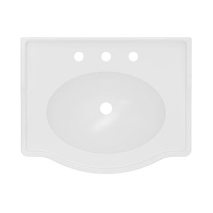 Prism 24 inch console bathroom sink in Brushed Nickel, top view of the basin and 8 inch widespread drilling