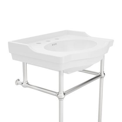 Prism 24 inch console bathroom sink in Brushed Nickel, close view of the basin and legs