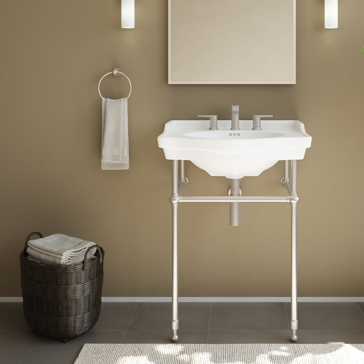 Prism 24 inch console bathroom sink with Brushed Nickel legs in a warm neutral bathroom, front view
