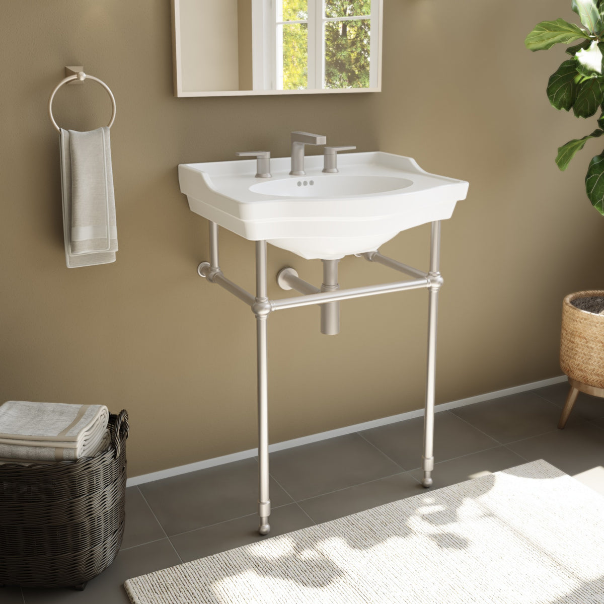 Prism 24 inch console bathroom sink with Brushed Nickel legs in a warm neutral bathroom, angled view