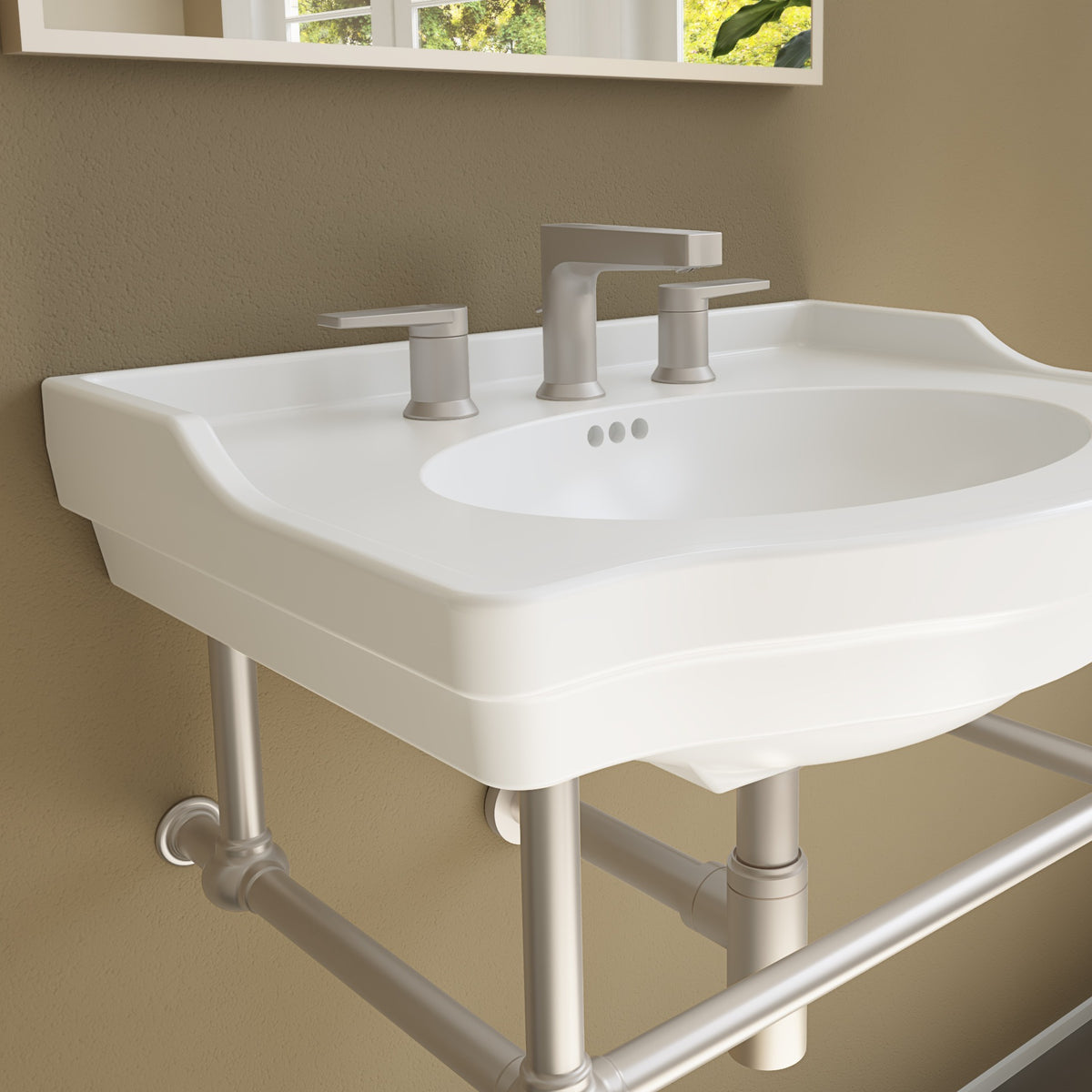 Prism 24 inch console bathroom sink with Brushed Nickel legs, close view of the porcelain basin