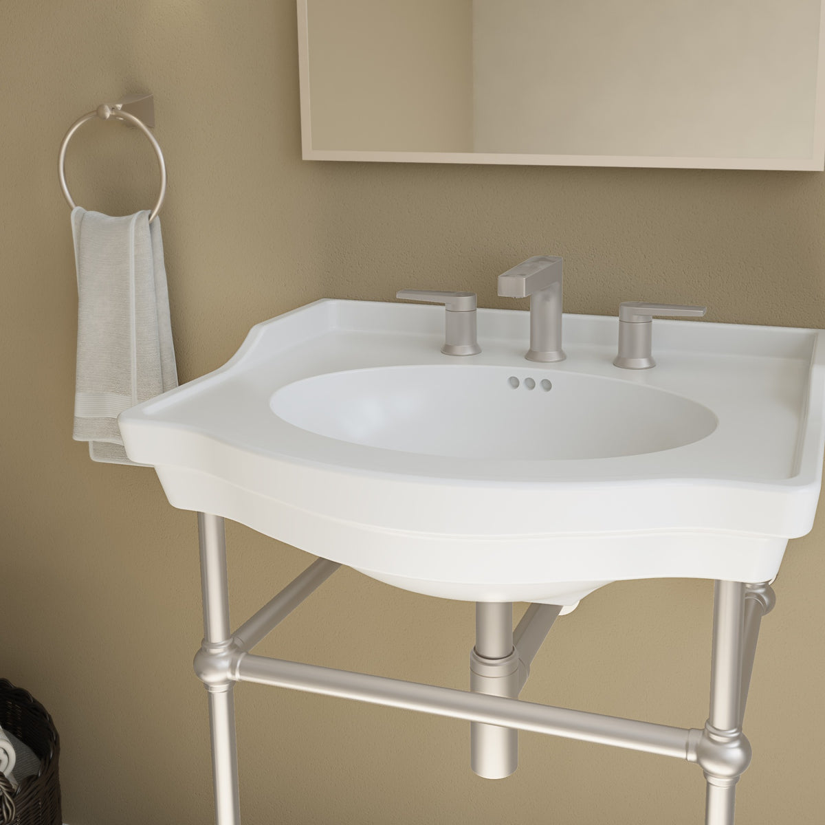 Prism 24 inch console bathroom sink with Brushed Nickel legs, close view of the basin and faucet deck
