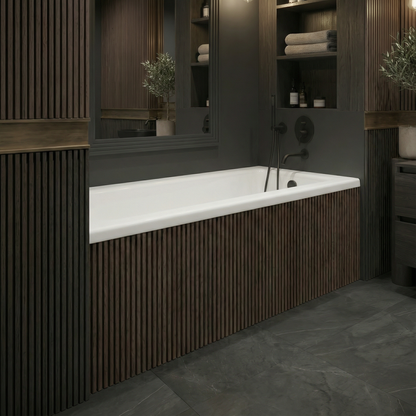 Prism 60 inch x 36 inch drop-in acrylic bathtub in white, shown in a styled setting