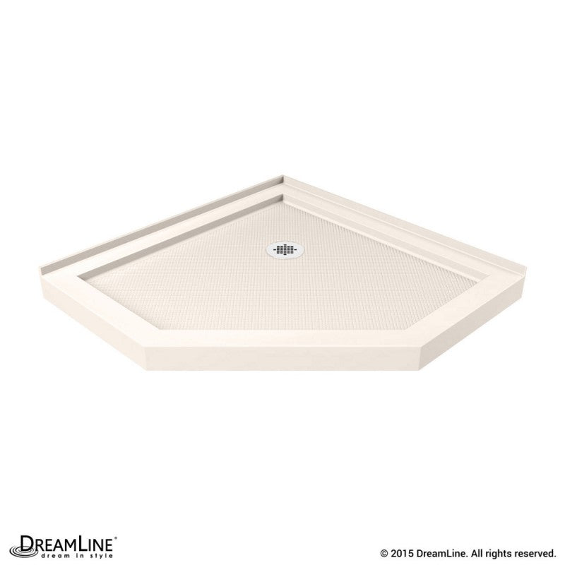 Prism Frameless Neo-Angle Pivot Shower Door for Corner Enclosure Kit with Biscuit Shower Base Pan and Corner Drain