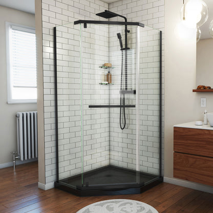 Prism frameless neo-angle pivot shower enclosure kit with black base pan and corner drain in Satin Black