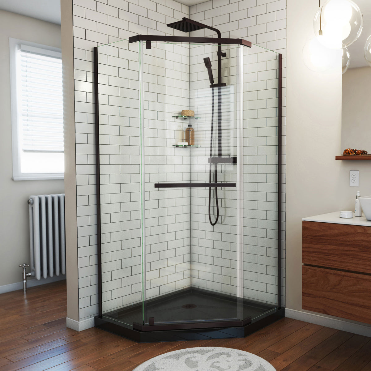 Prism frameless neo-angle pivot shower enclosure kit with black base pan in Oil Rubbed Bronze