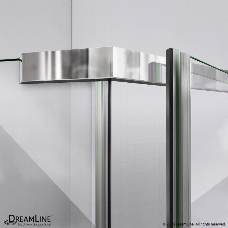 Prism Frameless Neo-Angle Pivot Shower Door for Corner Enclosure Kit with White Shower Base Pan and Corner Drain