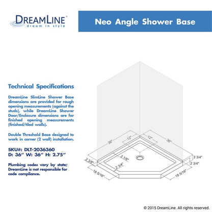 Prism Frameless Neo-Angle Pivot Shower Door for Corner Enclosure Kit with White Shower Base Pan and Corner Drain