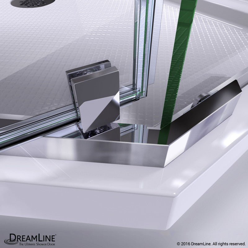 Prism Frameless Neo-Angle Pivot Shower Door for Corner Enclosure Kit with White Shower Base Pan and Corner Drain