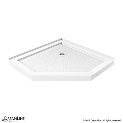 Prism Frameless Neo-Angle Pivot Shower Door for Corner Enclosure Kit with White Shower Base Pan and Corner Drain
