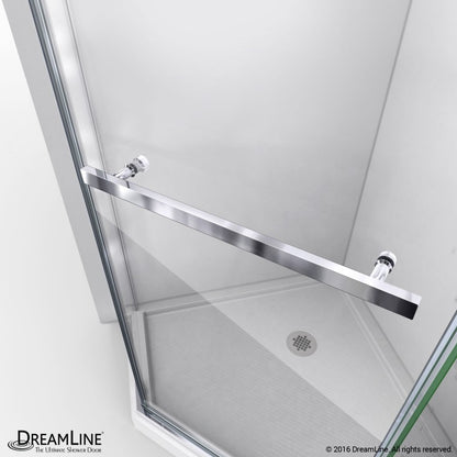 Prism Frameless Neo-Angle Pivot Shower Door for Corner Enclosure Kit with White Shower Base Pan and Corner Drain
